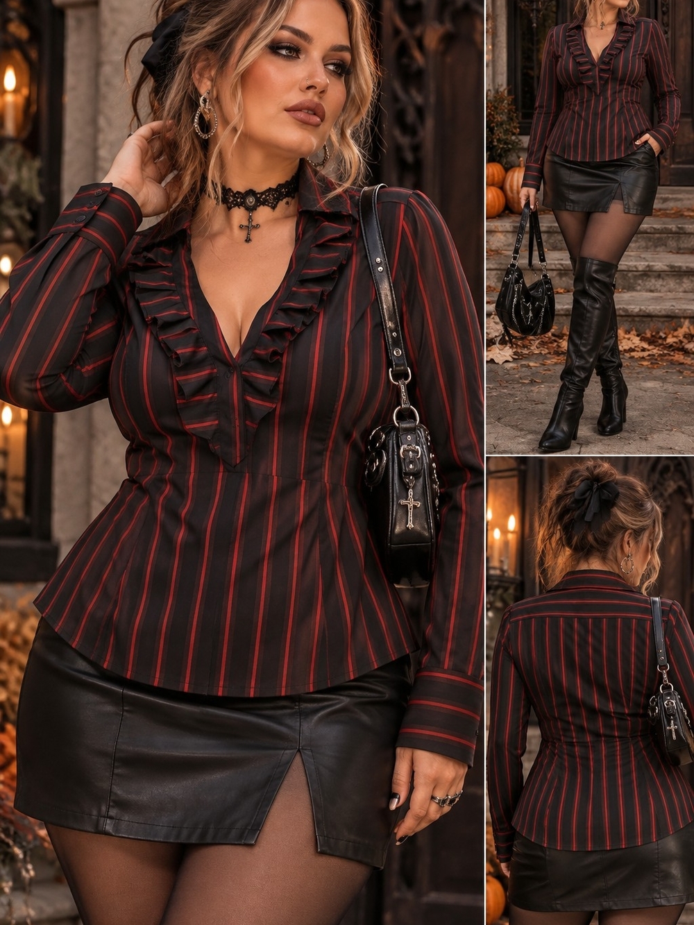 Express Design Studio Y2K Mall Goth Black Red Pinstripe Ruffle Blouse M